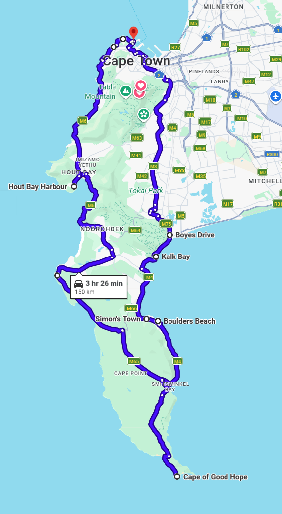 The most spectacular 150km coastal loop in Africa, taking in all the main tourist attractions of Cape Town